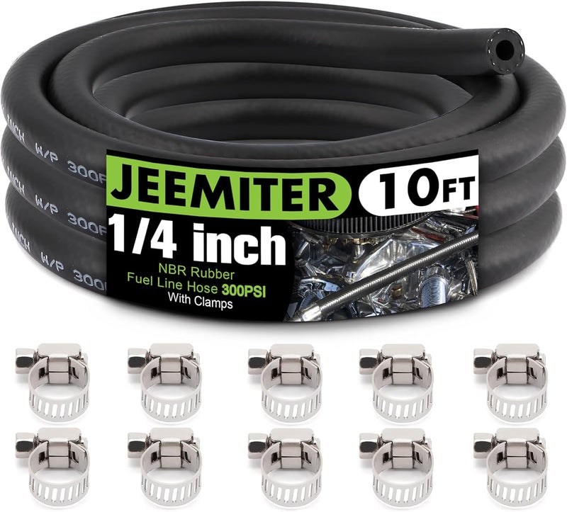 Jeemiter 1/4" ID Fuel Line Hose 10FT - SAE 30R7 NBR Rubber Kit with 10 Clamps - for Lawn Mower, Generator, Car, Boat - Gas, Oil & Diesel Resistant - Image 1